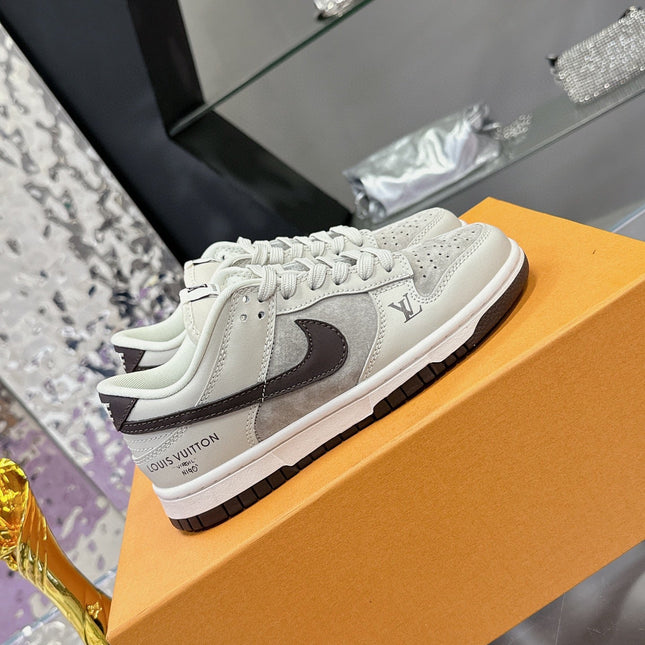 LV 26S DUNK LOW SNEAKERS IN LIGHT GREY BROWN CALFSKIN AND SUEDE