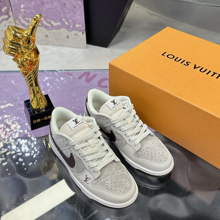 LV 26S DUNK LOW SNEAKERS IN LIGHT GREY BROWN CALFSKIN AND SUEDE