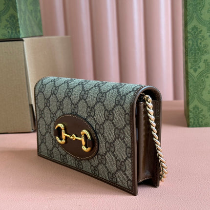 HORSEBIT 1955 WALLET IN BEIGE EBONY CANVAS MIX BROWN CALFSKIN GOLD CHAIN