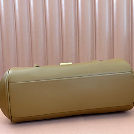 BEAU TOP HANDLE BAG 28 IN CHOCOLATE BROWN GLOSSY CALFSKIN GOLD HARDWARE