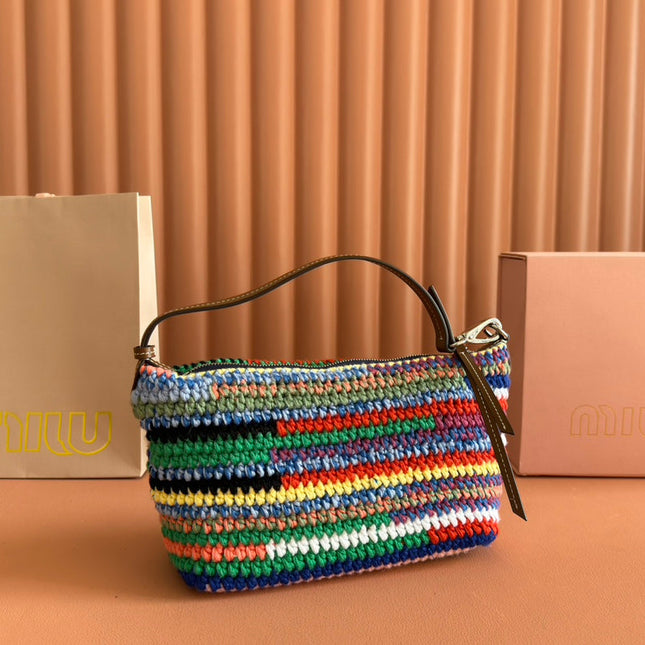 CROCHET SHOULDER BAG 25.5 COLORFUL WOOL WITH BROWN STRAP CALFSKIN