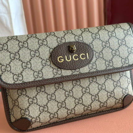 GUCCI NEO VINTAGE TIGER HEAD CROSSBODY BAG 24 IN CANVAS BROWN LEATHER TRIM