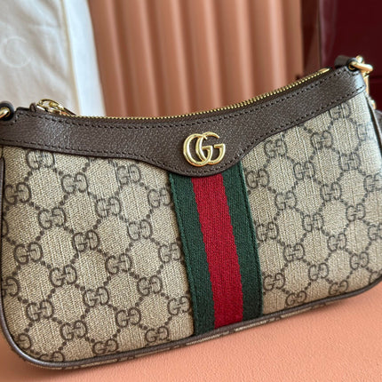 OPHIDIA SMALL SHOULDER BAG 26 IN BEIGE AND DARK BROWN CANVAS