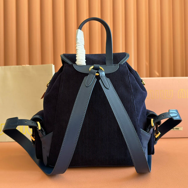 MIUMIU 26S MEDIUM BACKPACK 29 IN DARK BLUE CANVAS BLUE CALFSKIN