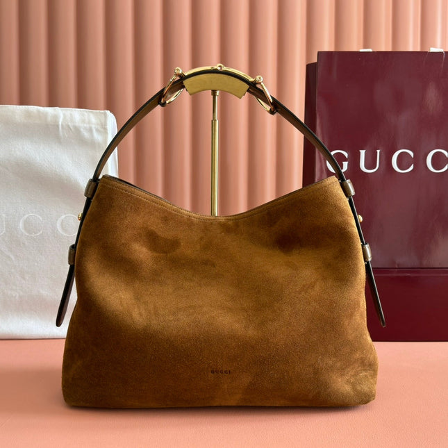 GUCCI 26S TOP HANDLE BAG 35 IN BROWN SUEDE