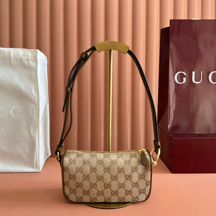 GUCCI 26S SHOULDER BAG 19 IN WARM BEIGE AND BROWN CANVAS