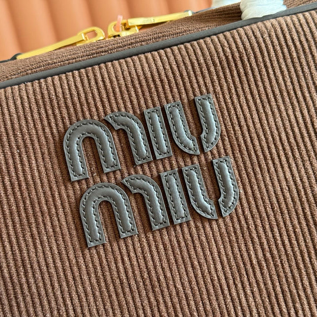 MIUMIU 26S BEAU BAG 34 IN CHOCOLATE BROWN CANVAS AND BLACK CALFSKIN