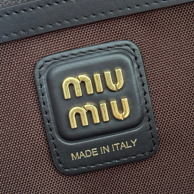 MIUMIU 26S IVY 40 TOTE IN IN CHOCOLATE BROWN CANVAS AND BLACK CALFSKIN