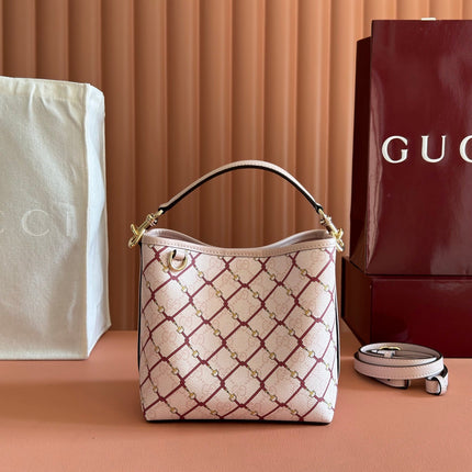 GUCCI 26S GG EMBLEM BUCKET BAG 19 IN LIGHT PINK COATED FABRIC