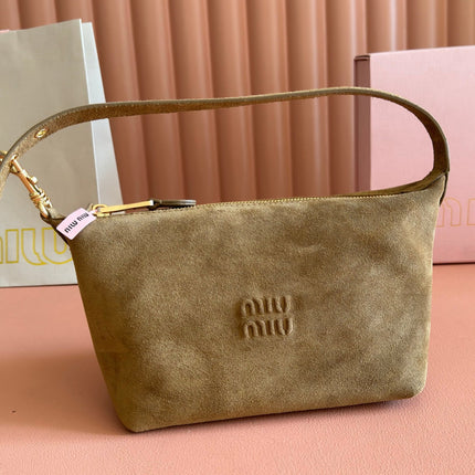 MIUMIU 26S CORDUROY POUCH BAG 25 IN LIGHT BROWN SUEDE