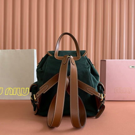 MIUMIU 26S MEDIUM BACKPACK 29 IN DARK GREEN CANVAS AND BROWN CALFSKIN