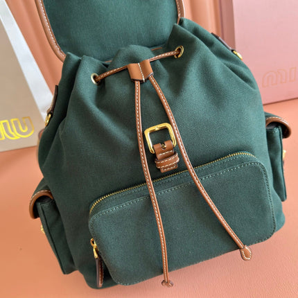 MIUMIU 26S MEDIUM BACKPACK 29 IN DARK GREEN CANVAS AND BROWN CALFSKIN
