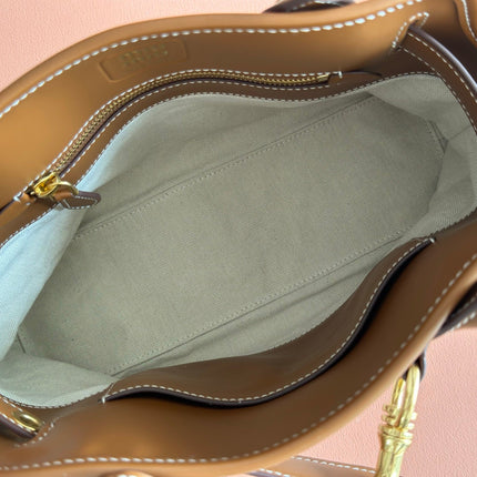 MIUMIU 26S HANDBAG 31 IN BROWN LEATHER AND BEIGE CANVAS
