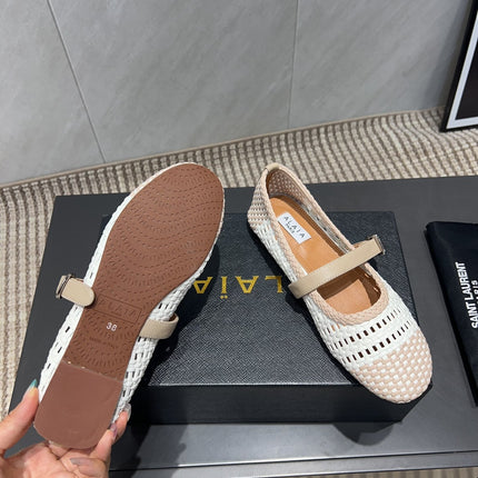 ALAIA MARY JANE FLATS WOVEN PATTERN 25S IN WHITE MIX LIGHT BEIGE CALFSKIN