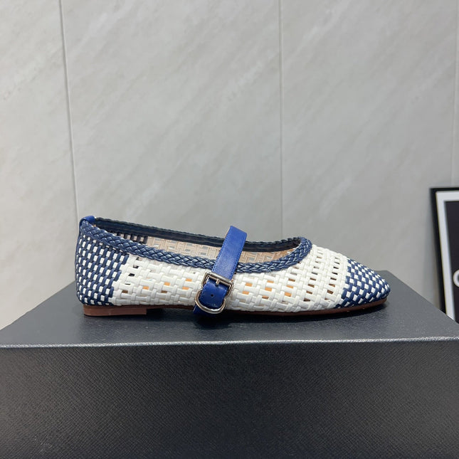 ALAIA MARY JANE FLATS WOVEN PATTERN 25S IN WHITE MIX NAVY BLUE CALFSKIN