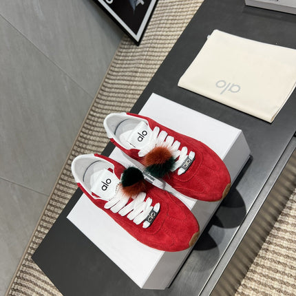 ALO 25S SUNSET SNEAKER IN RED SUEDE WITH PUFF CHARM