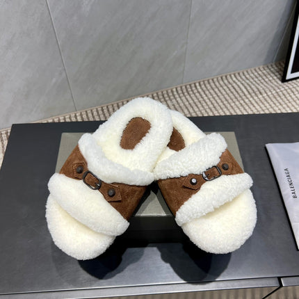 BALENCIAGA 25S SLIPPERS IN BROWN SUEDE AND WHITE WOOL