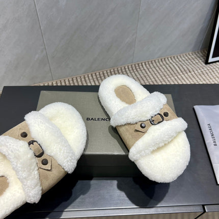 BALENCIAGA 25S SLIPPERS IN DARK BEIGE SUEDE AND WHITE WOOL