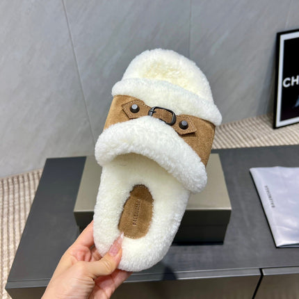 BALENCIAGA 25S SLIPPERS IN LIGHT BROWN SUEDE AND WHITE WOOL