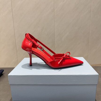 PRADA 26S POINTED TOE CUT OUT HIGH HEELS 75MM IN BRIGHT RED CALFSKIN WITH BOW