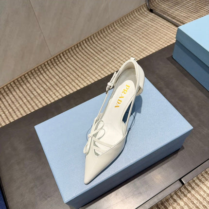 PRADA 26S POINTED TOE CUT OUT HIGH HEELS 75MM IN WHITE CALFSKIN WITH BOW