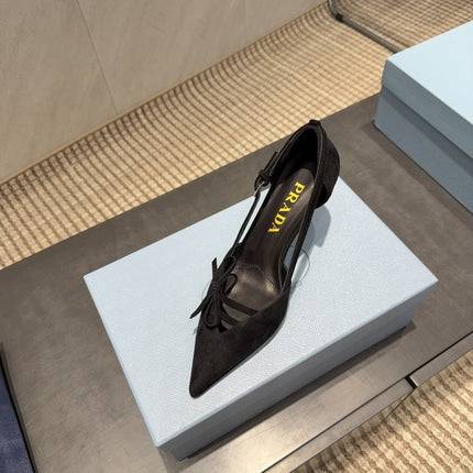 PRADA 26S POINTED TOE CUT OUT HIGH HEELS 75MM IN BLACK SUEDE WITH BOW