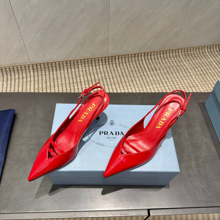 PRADA 26S POINTED TOE SLINGBACK HIGH HEELS 75MM IN BRIGHT RED CALFSKIN