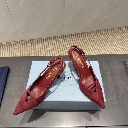 PRADA 26S POINTED TOE SLINGBACK HIGH HEELS 75MM IN DARK RED SUEDE