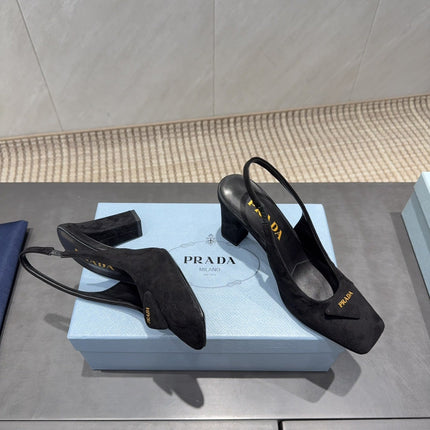 PRADA 26S LOW HEEL SQUARE TOE SLINGBACK SHOES 85MM IN BLACK SUEDE WITH LOGO