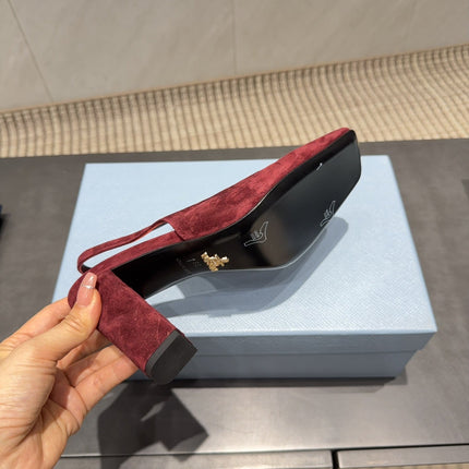 PRADA 26S LOW HEEL SQUARE TOE SLINGBACK SHOES 85MM IN DARK RED SUEDE