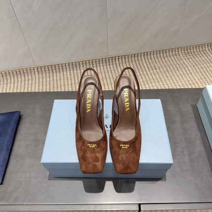 PRADA 26S LOW HEEL SQUARE TOE SLINGBACK SHOES 85MM IN CARAMEL BROWN SUEDE