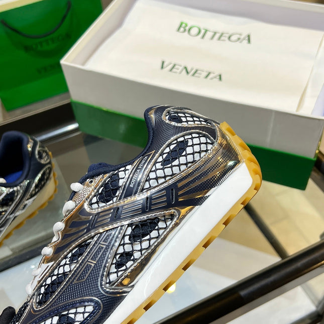 BOTTEGA VENETA 26S ORBIT SNEAKERS IN SILVER AND NAVY BLUE TECHNICAL MESH