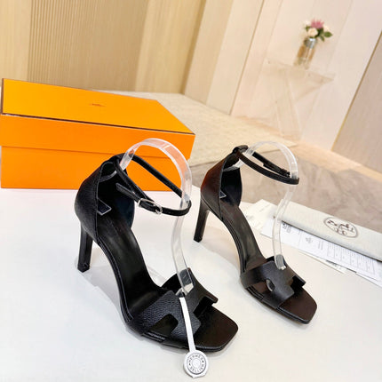 HM 26S H HIGH HEEL SANDALS 90MM IN BLACK GRAINED CALFSKIN