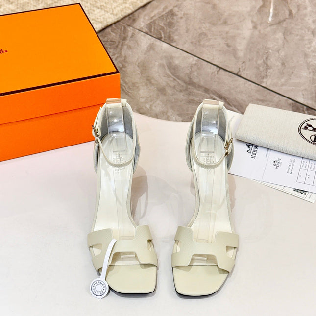 HM 26S H HIGH HEEL SANDALS 90MM IN IVORY WHITE GRAINED CALFSKIN