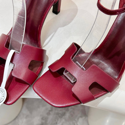 HM 26S H HIGH HEEL SANDALS 90MM IN BURGUNDY RED CALFSKIN