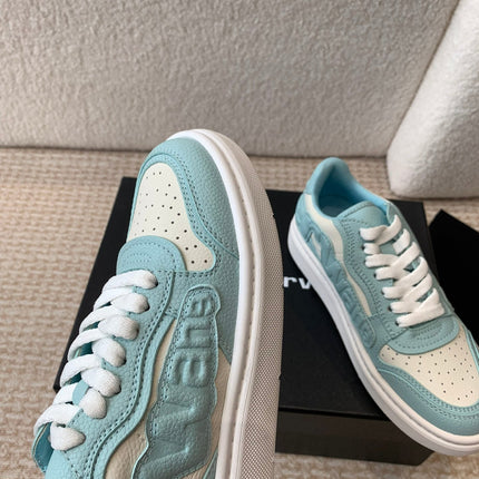SNEAKER WITH LOGO IN SKY BLUE MIX BEIGE PUFF PEBBLE LEATHER