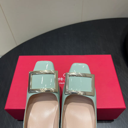 ROGER VIVIER 25S BELLE VIVIER PUMPS 70MM IN PALE MINT GREEN CALFSKIN GOLD BUCKLE