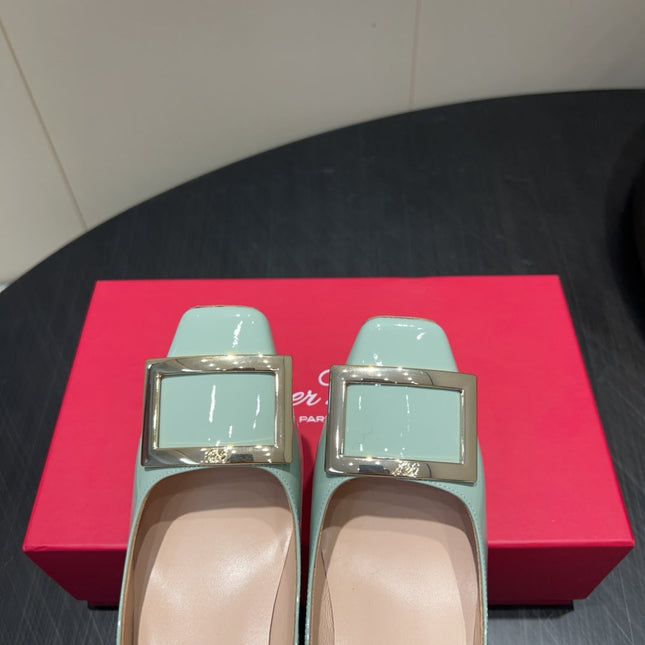 ROGER VIVIER 25S BELLE VIVIER PUMPS 70MM IN PALE MINT GREEN CALFSKIN GOLD BUCKLE