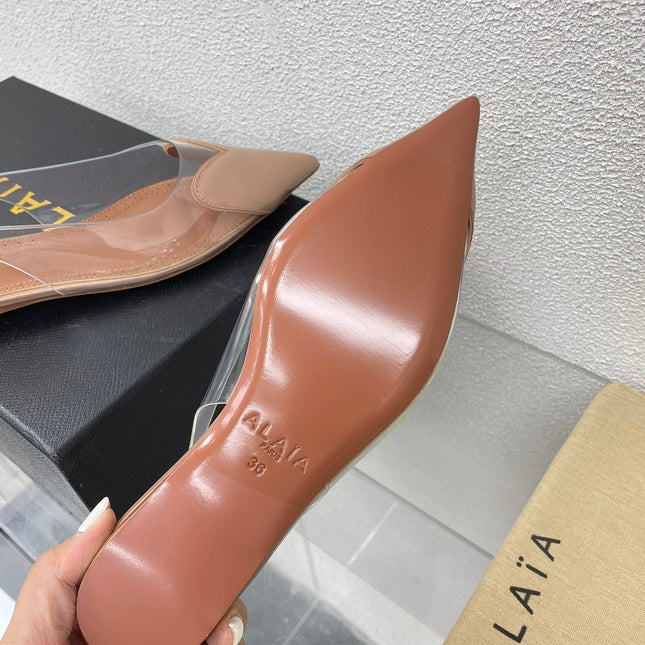 ALAIA LE COEUR FLAT SLINGBACKS IN BEIGE PATENT LAMBSKIN