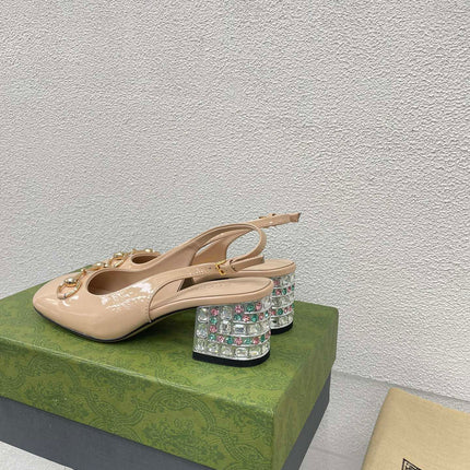 GG WOMEN'S HORSEBIT SLINGBACK IN TAN BEIGE CALFSKIN WITH RHINSTONES