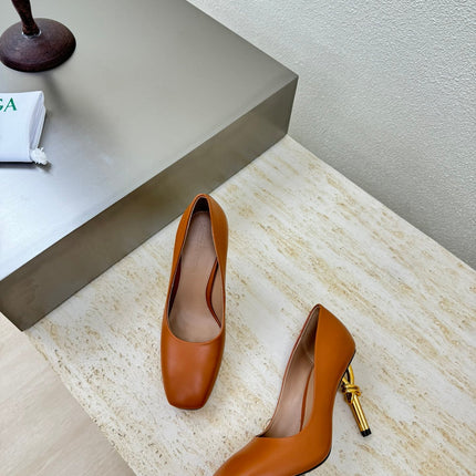 KNOT HIGH PUMP IN BRONZE BROWN AND GOLD METAL HEEL 9 CM