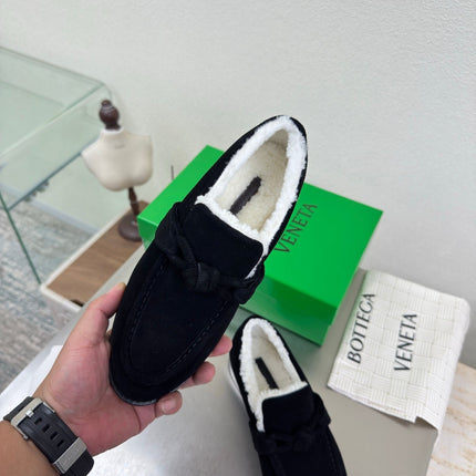 BOTTEGA VENETA 26S LOAFERS IN BLACK SUEDE AND WHITE WOOL
