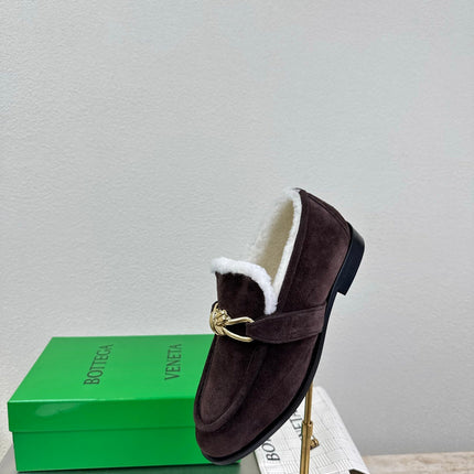 BOTTEGA VENETA 26S LOAFERS IN DARK BROWN SUEDE AND WHITE WOOL WITH GOLD HARDWARE