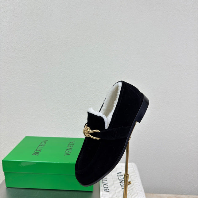 BOTTEGA VENETA 26S LOAFERS IN BLACK SUEDE AND WHITE WOOL WITH GOLD HARDWARE
