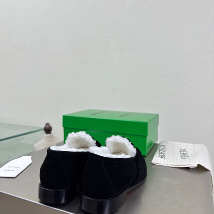 BOTTEGA VENETA 26S LOAFERS IN BLACK SUEDE AND WHITE WOOL WITH GOLD HARDWARE