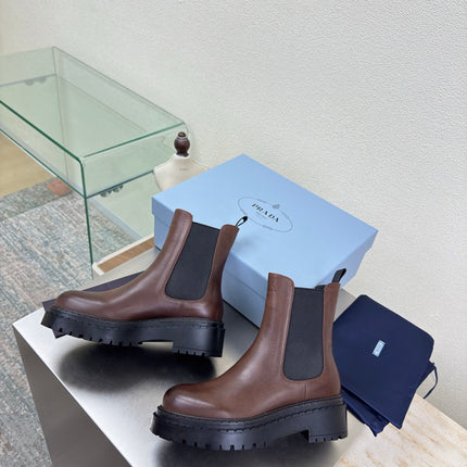 PRADA 25S PLATFORM CHELSEA BOOTS IN DARK BROWN CALFSKIN