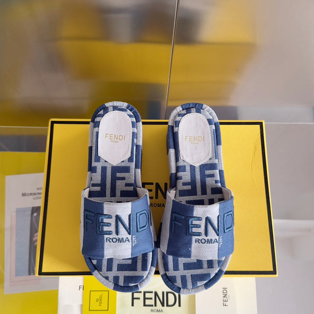 FENDI PLATFORM WEDGES IN NAVY BLUE MIX BEIGE FF MONOGRAM FABRIC