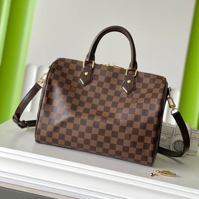 SPEEDY BANDOLIÈRE 30 IN DARK BROWN DAMIER EBENE CANVAS GOLD LOCK