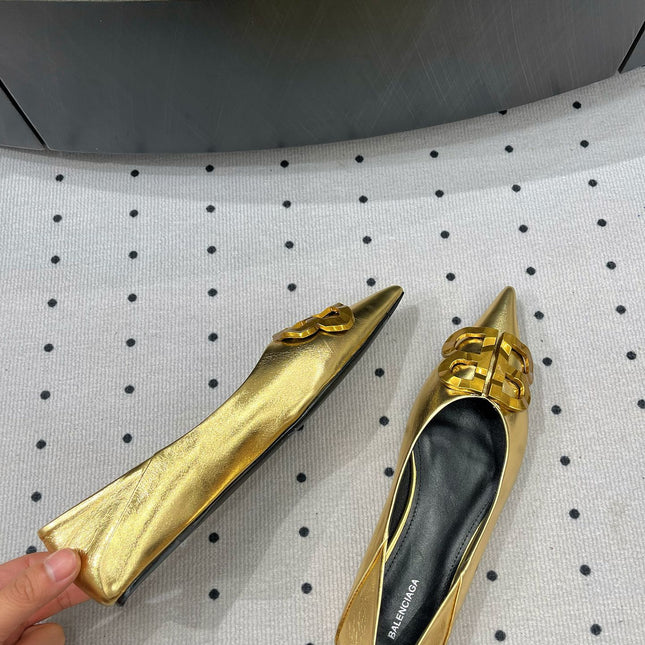 POINTED BB GOLD BUCKLE BALLET FLAT IN GOLD METALLIC SHINY CALFSKIN