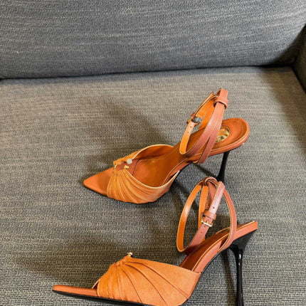 LOLA HIGH SANDALS IN TANGELO ORANGE SMOOTH LAMBSKIN AND DRAPED JERSEY